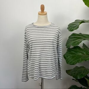 Reiss White Grey Striped Knit Tee Button Back Small